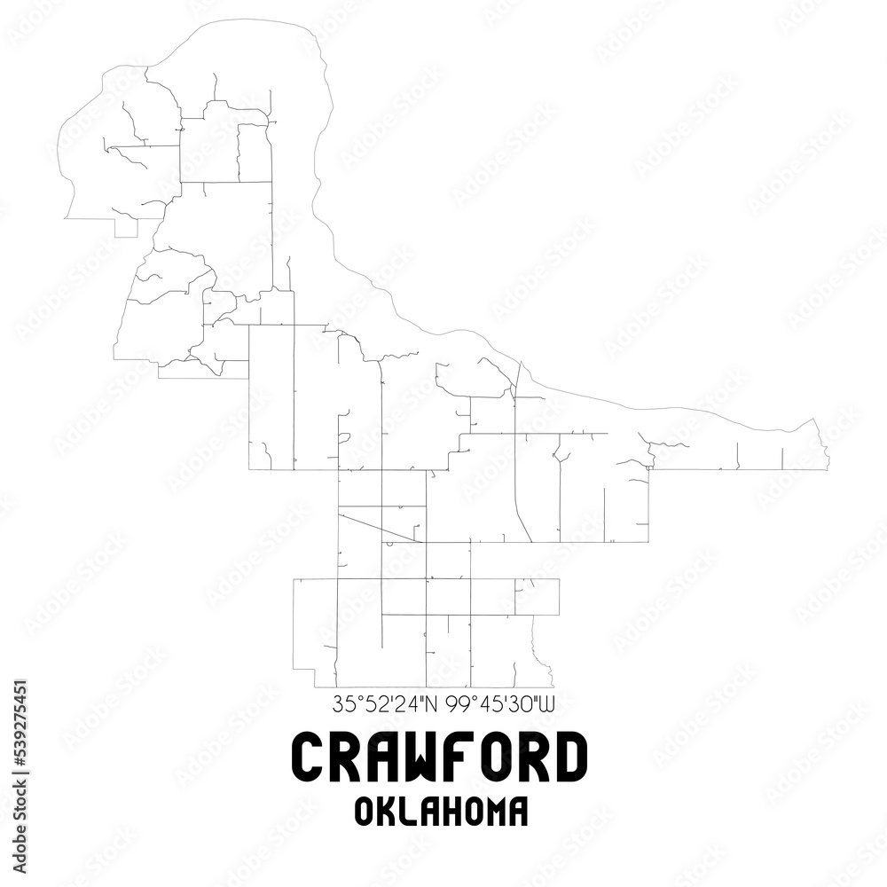Crawford Oklahoma. US street map with black and white lines.