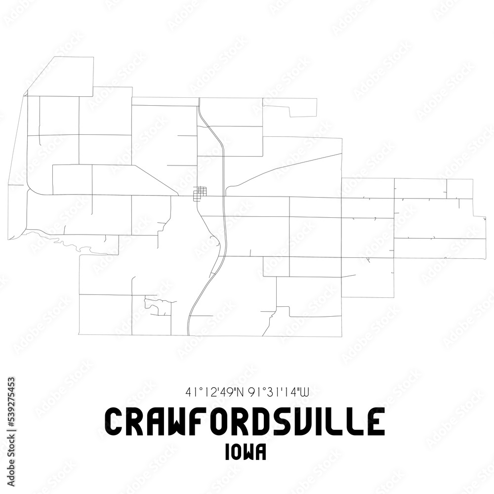 Crawfordsville Iowa. US street map with black and white lines.