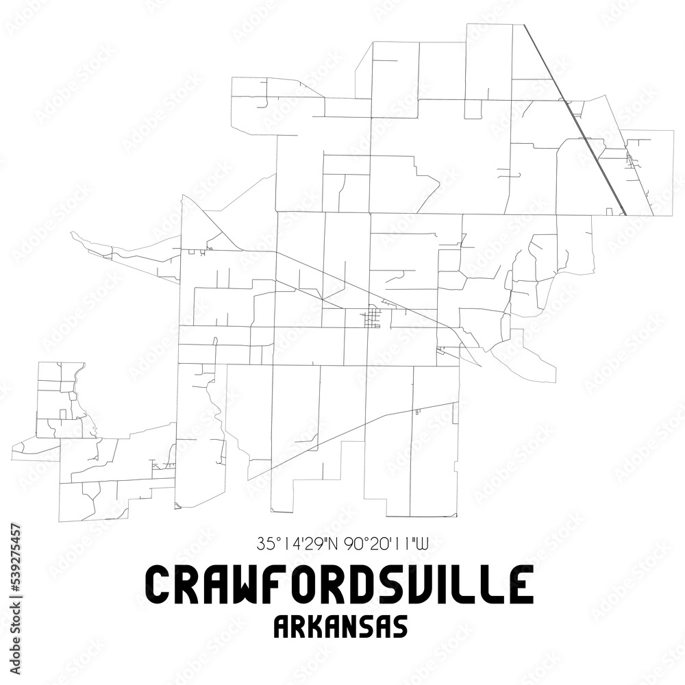 Crawfordsville Arkansas. US street map with black and white lines.