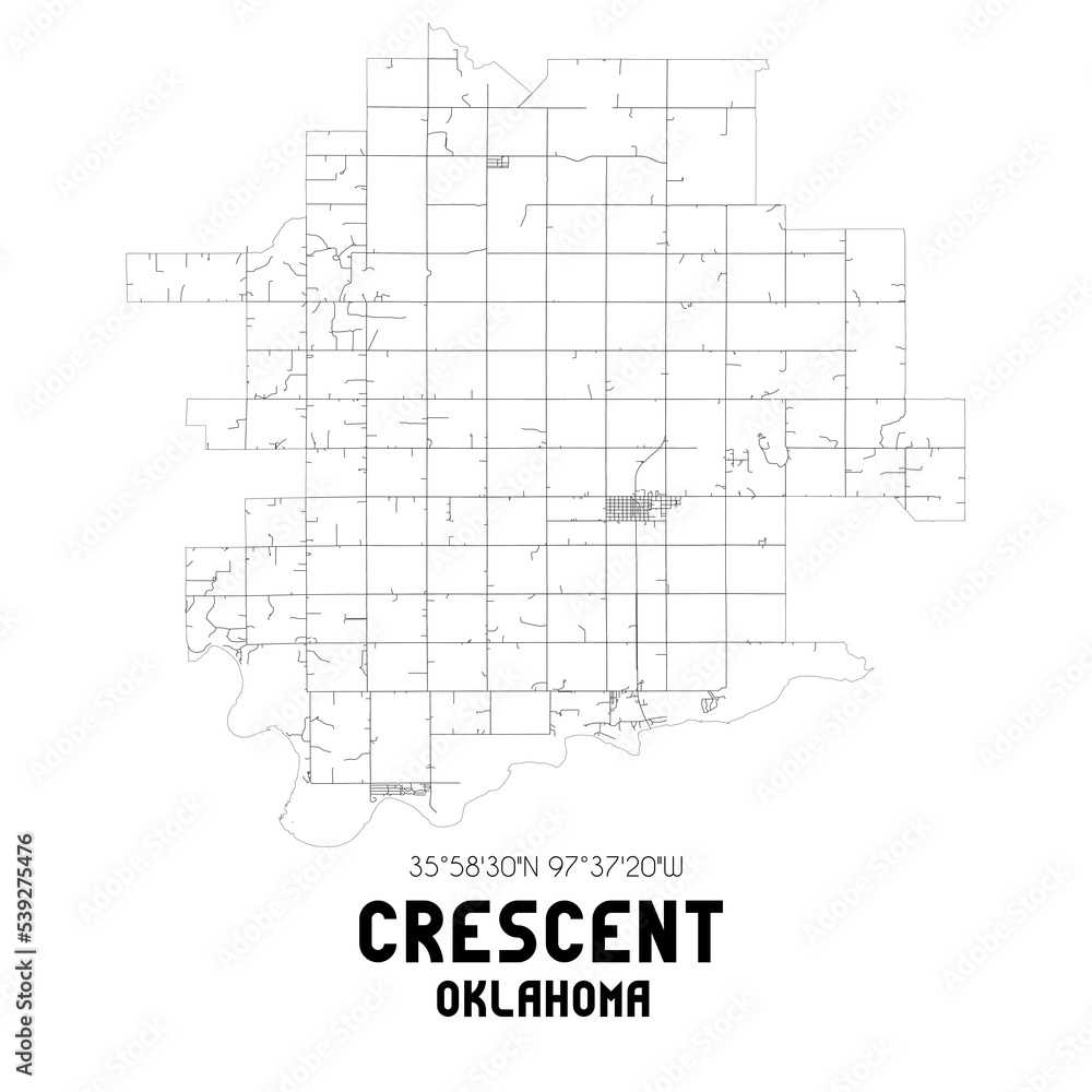 Crescent Oklahoma. US street map with black and white lines.