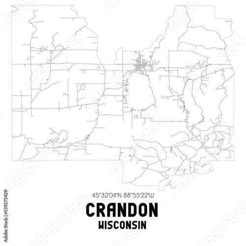 Crandon Wisconsin. US street map with black and white lines.
