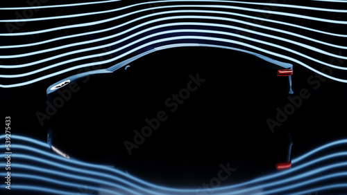 Fototapeta Naklejka Na Ścianę i Meble -  Electric vehicle aerodynamic test in wind tunnel, modern concept car engineering design for better speed performance, automotive physics smoke flow laboratory 3d illustration