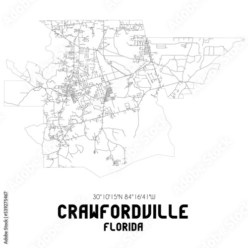 Crawfordville Florida. US street map with black and white lines.