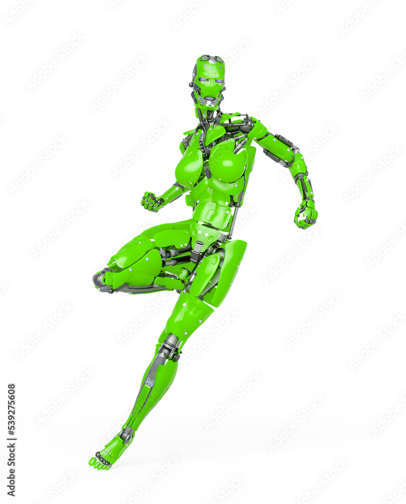 cyborg girl is doing a combat pose on white background cyborg girl is doing a combat pose on white background
