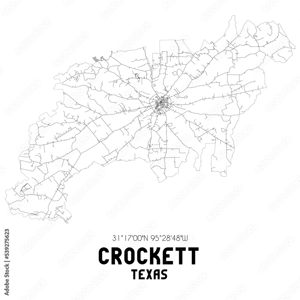 Crockett Texas. US street map with black and white lines.