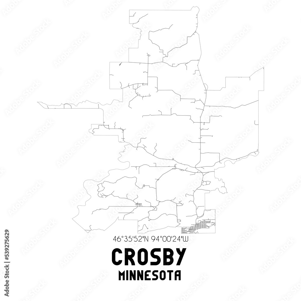 Crosby Minnesota. US street map with black and white lines.