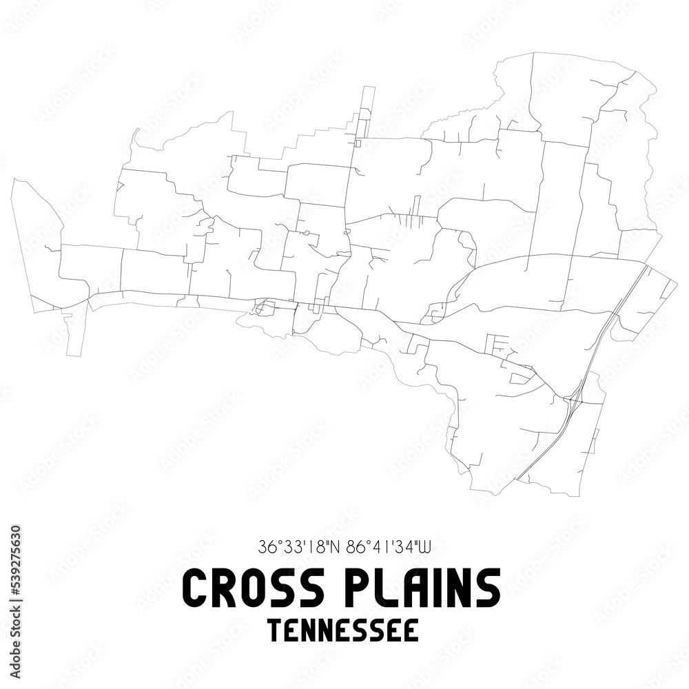 Cross Plains Tennessee. US street map with black and white lines.