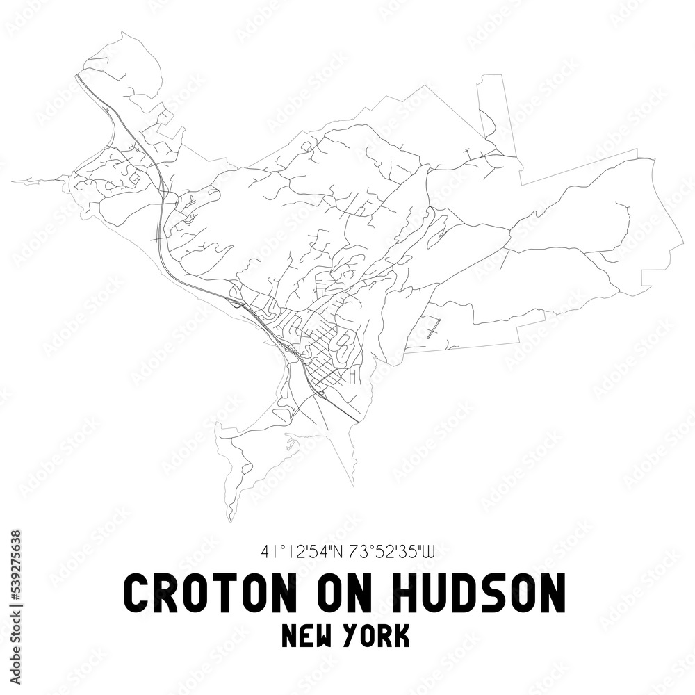 Croton On Hudson New York. US street map with black and white lines.