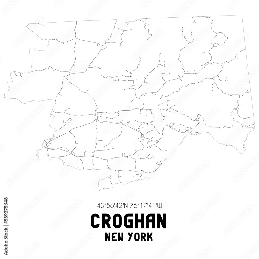 Croghan New York. US street map with black and white lines.