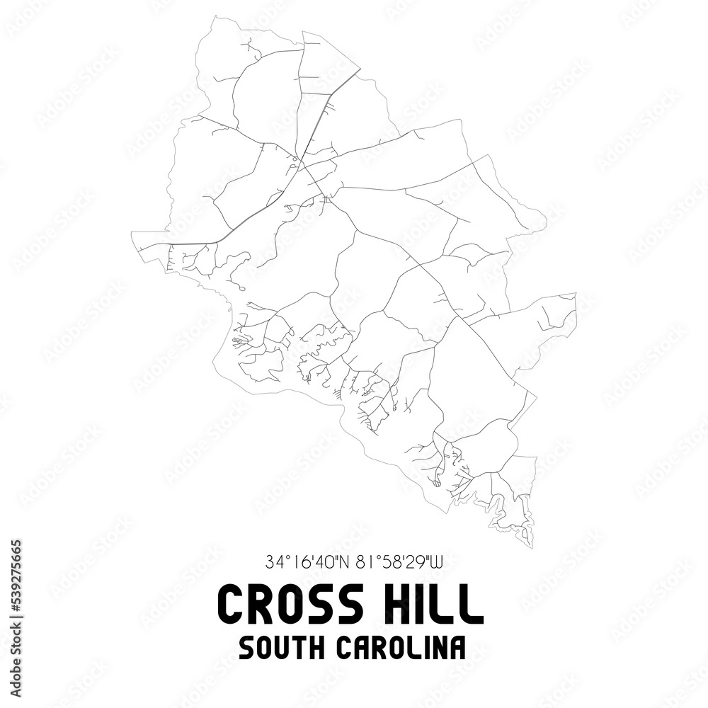 Cross Hill South Carolina. US street map with black and white lines.