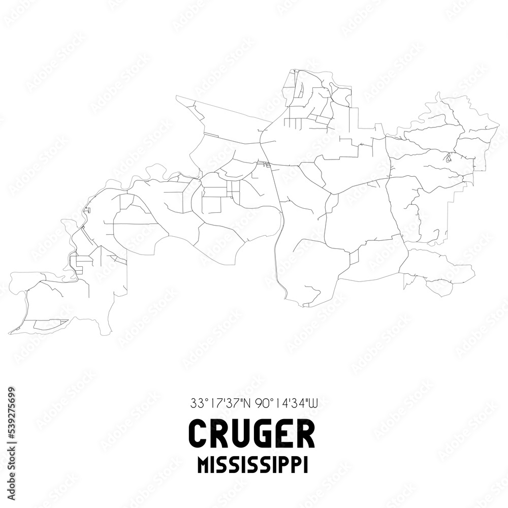 Cruger Mississippi. US street map with black and white lines.
