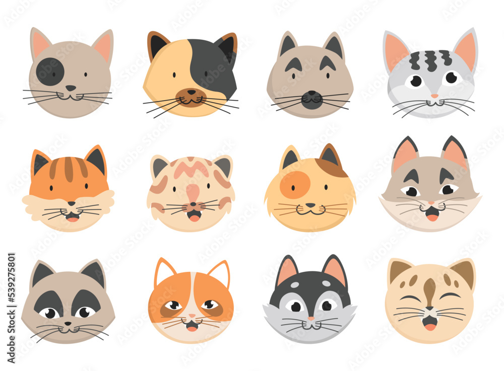 Cats heads emoticons, icons, avatars collection. Various funny decorative drawn cat faces characters. Vector illustration of domestic pet set
