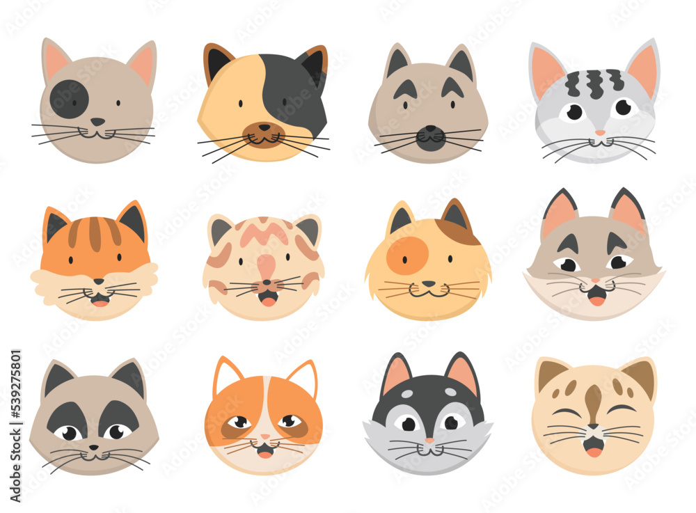 Cats heads emoticons, icons, avatars collection. Various funny decorative drawn cat faces characters. Vector illustration of domestic pet set Cats heads emoticons, icons, avatars collection. Various funny decorative drawn cat faces characters. Vector illustration of domestic pet set