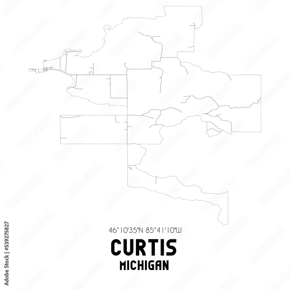 Curtis Michigan. US street map with black and white lines.