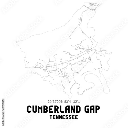 Cumberland Gap Tennessee. US street map with black and white lines.