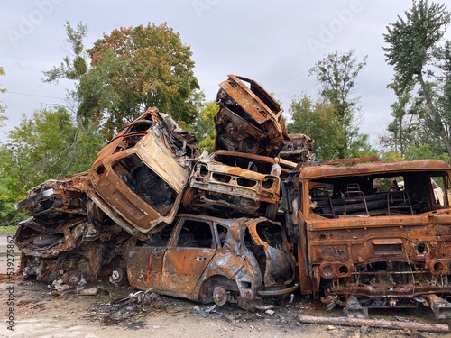A bunch of burned and shelled cars in Hostomel in the Kyiv region