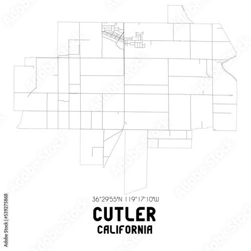 Cutler California. US street map with black and white lines.