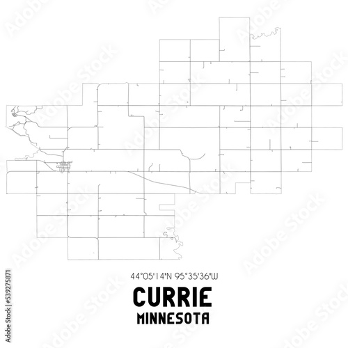 Currie Minnesota. US street map with black and white lines.