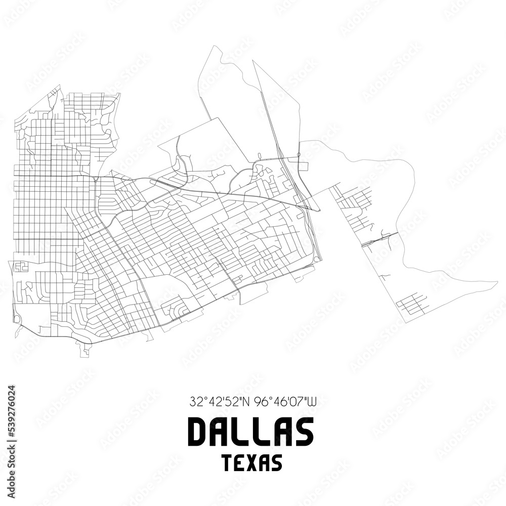 Dallas Texas. US street map with black and white lines.