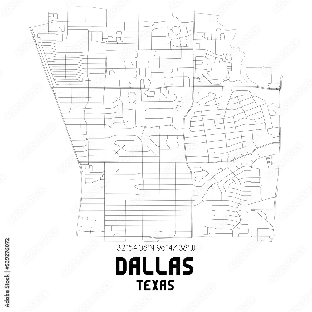 Dallas Texas. US street map with black and white lines.