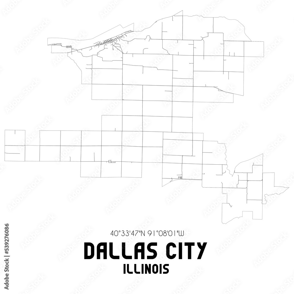 Dallas City Illinois. US street map with black and white lines.