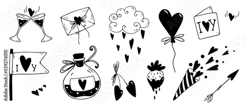 A set of doodle sketches of festive paraphernalia for Valentine's Day.Vector graphics.