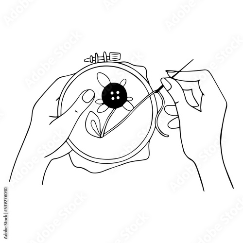 Beautiful female hands hold a hoop and embroider. Vector linear sketch.