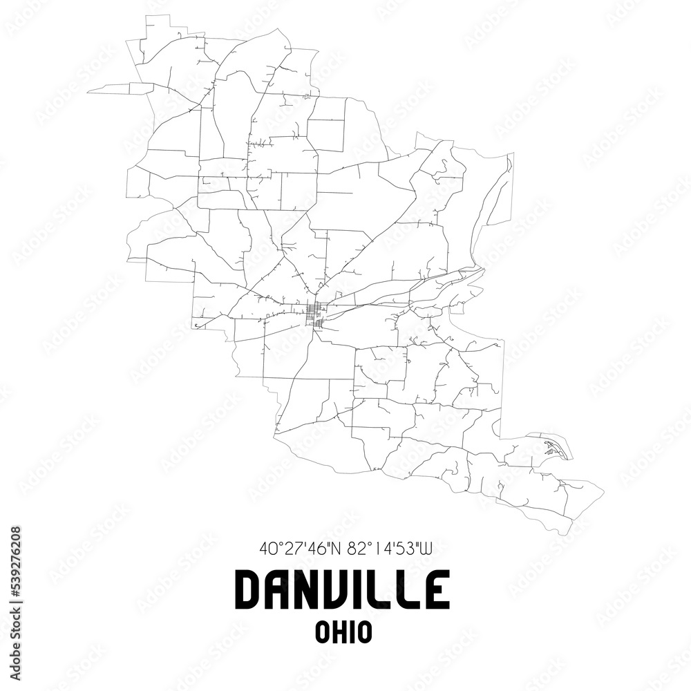 Danville Ohio. US street map with black and white lines.