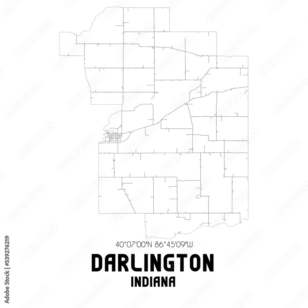 Darlington Indiana. US street map with black and white lines.