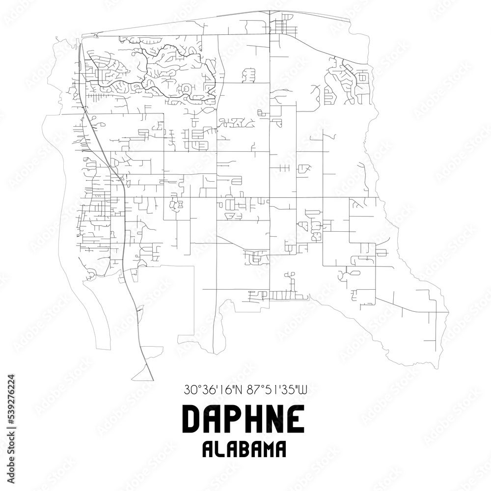 Daphne Alabama. US street map with black and white lines.