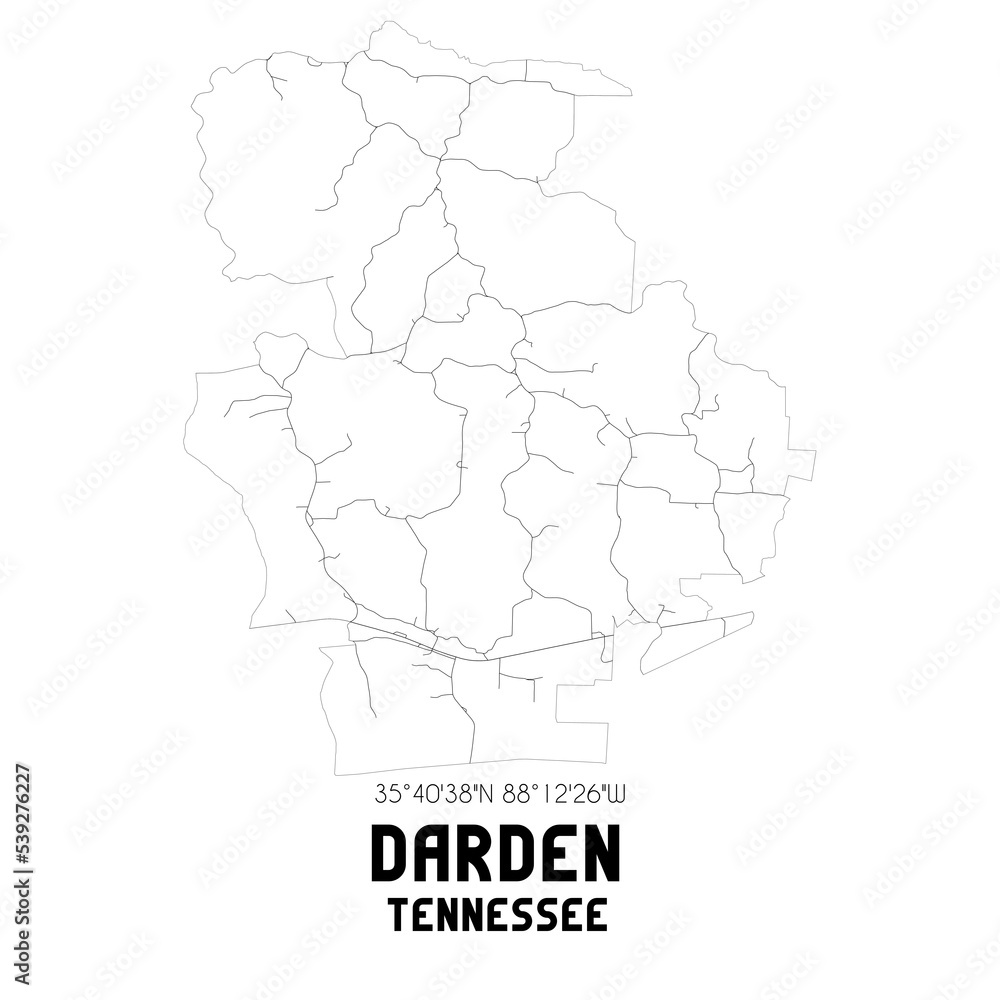Darden Tennessee. US street map with black and white lines.