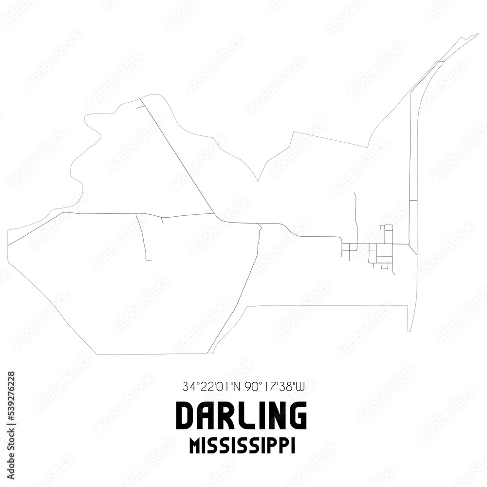 Darling Mississippi. US street map with black and white lines.
