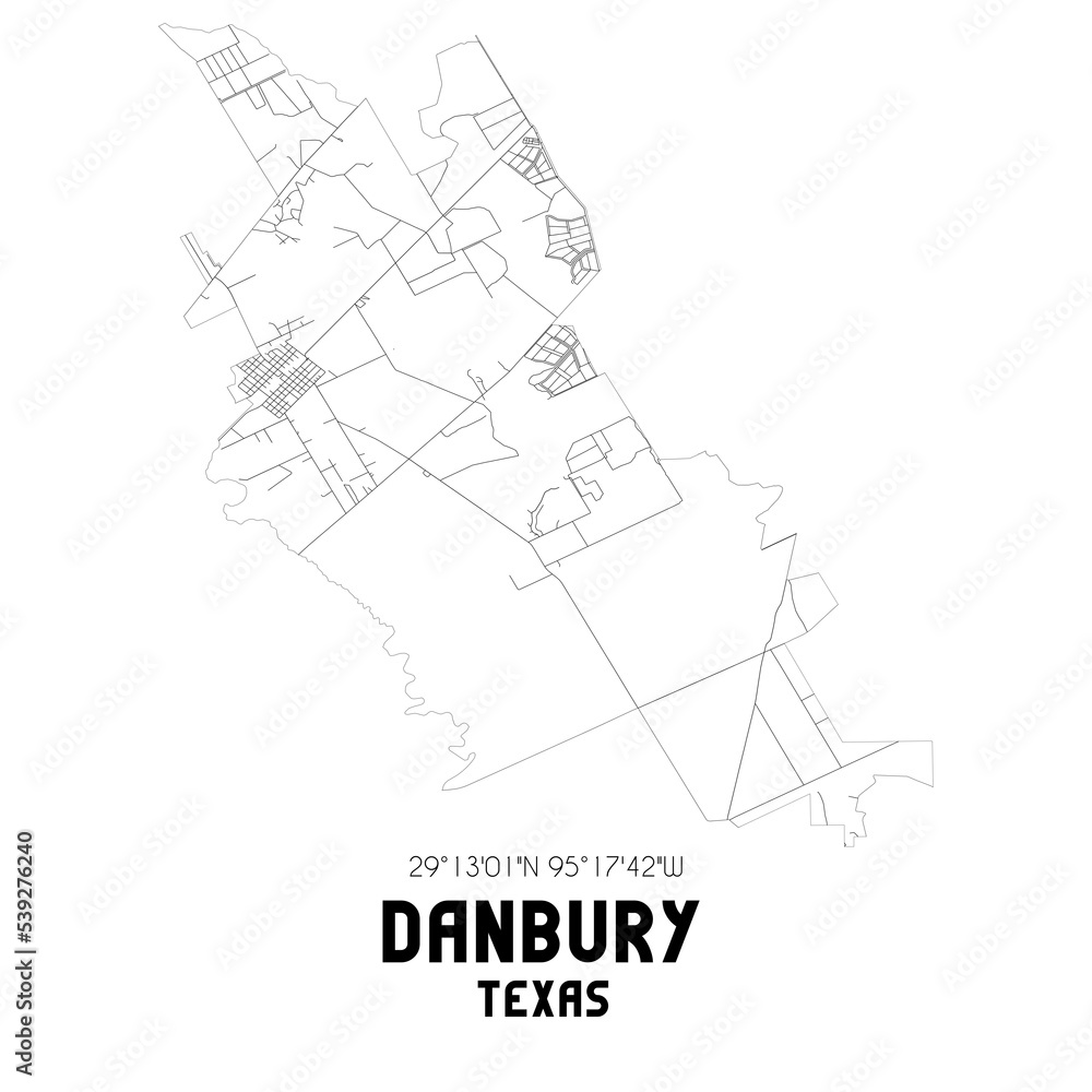 Danbury Texas. US street map with black and white lines.
