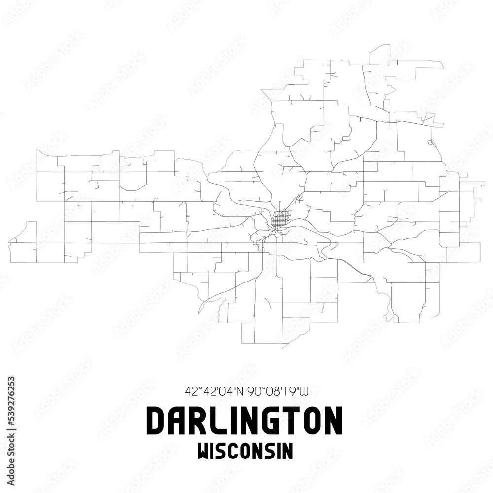 Darlington Wisconsin. US street map with black and white lines.