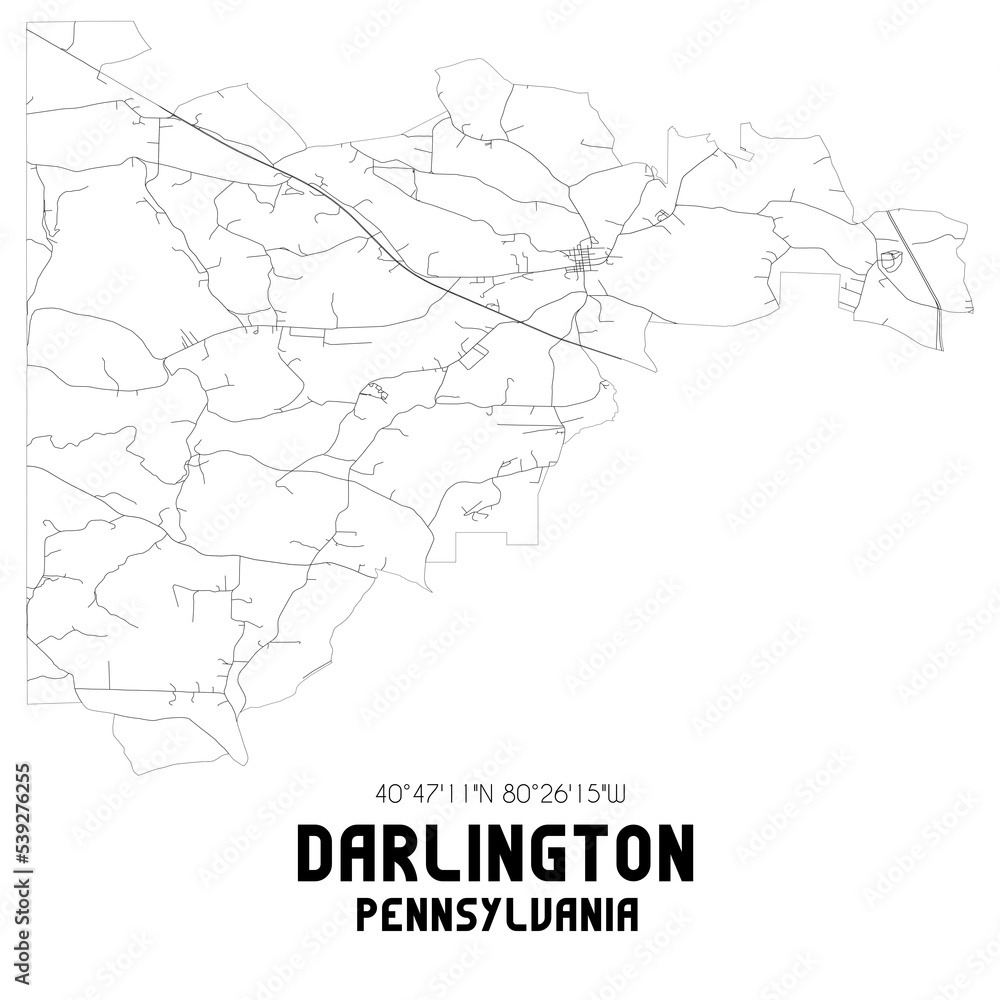 Darlington Pennsylvania. US street map with black and white lines.