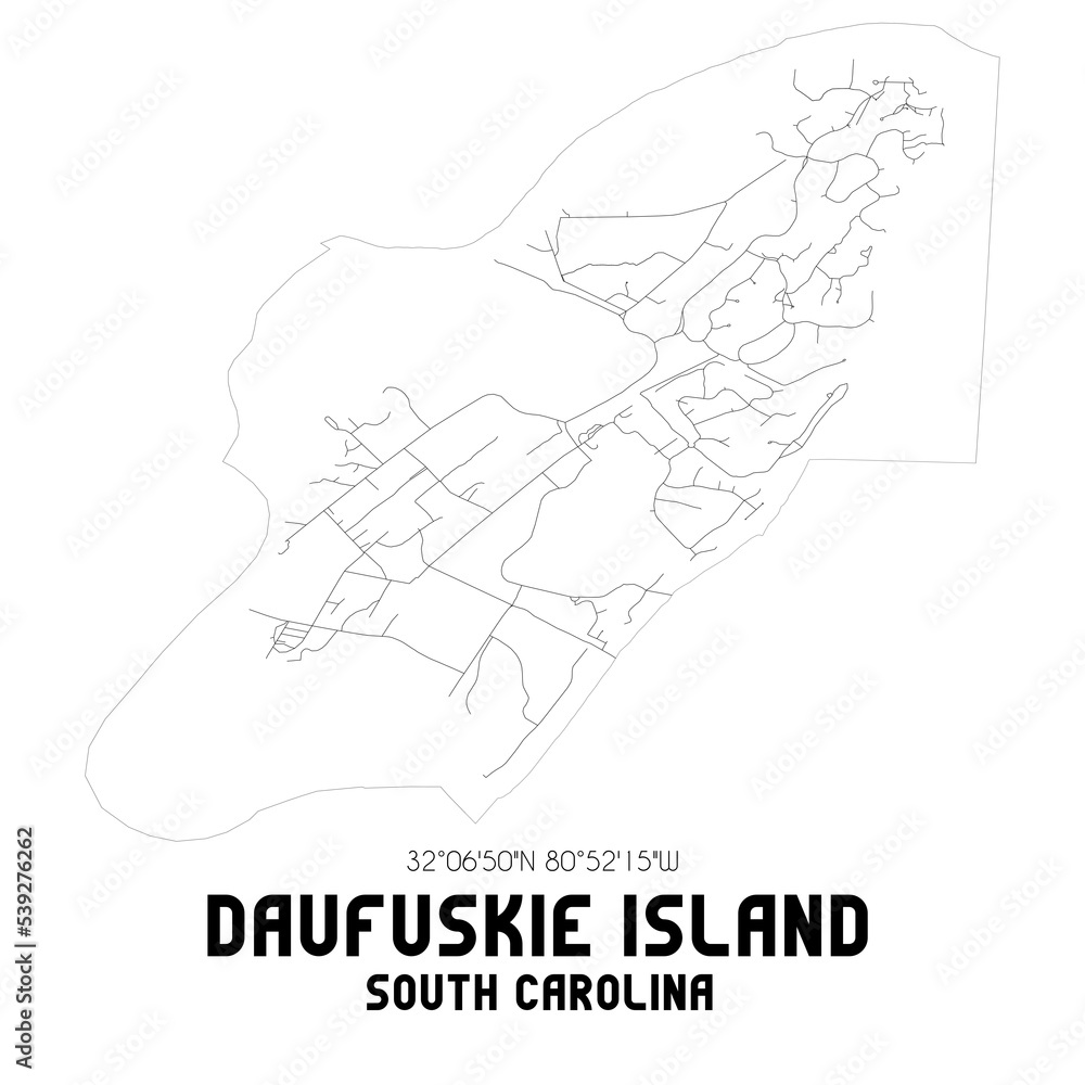Daufuskie Island South Carolina. US street map with black and white lines.