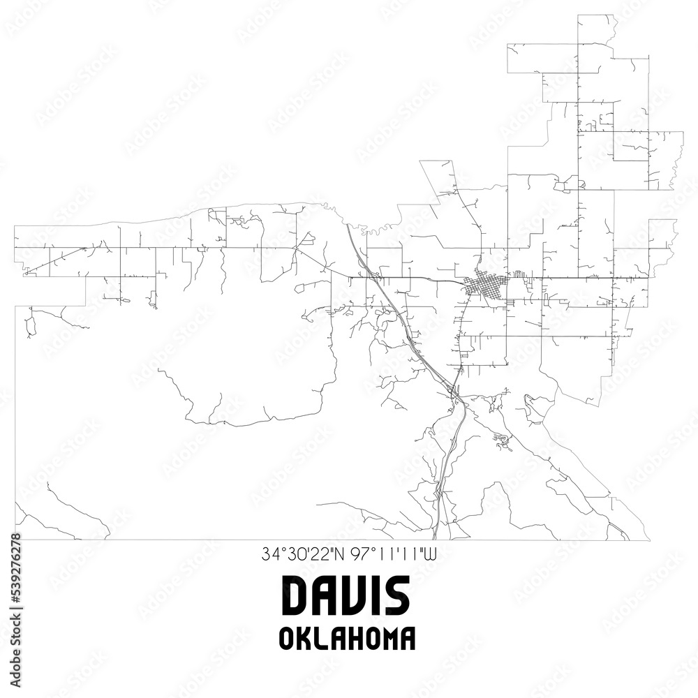 Davis Oklahoma. US street map with black and white lines.