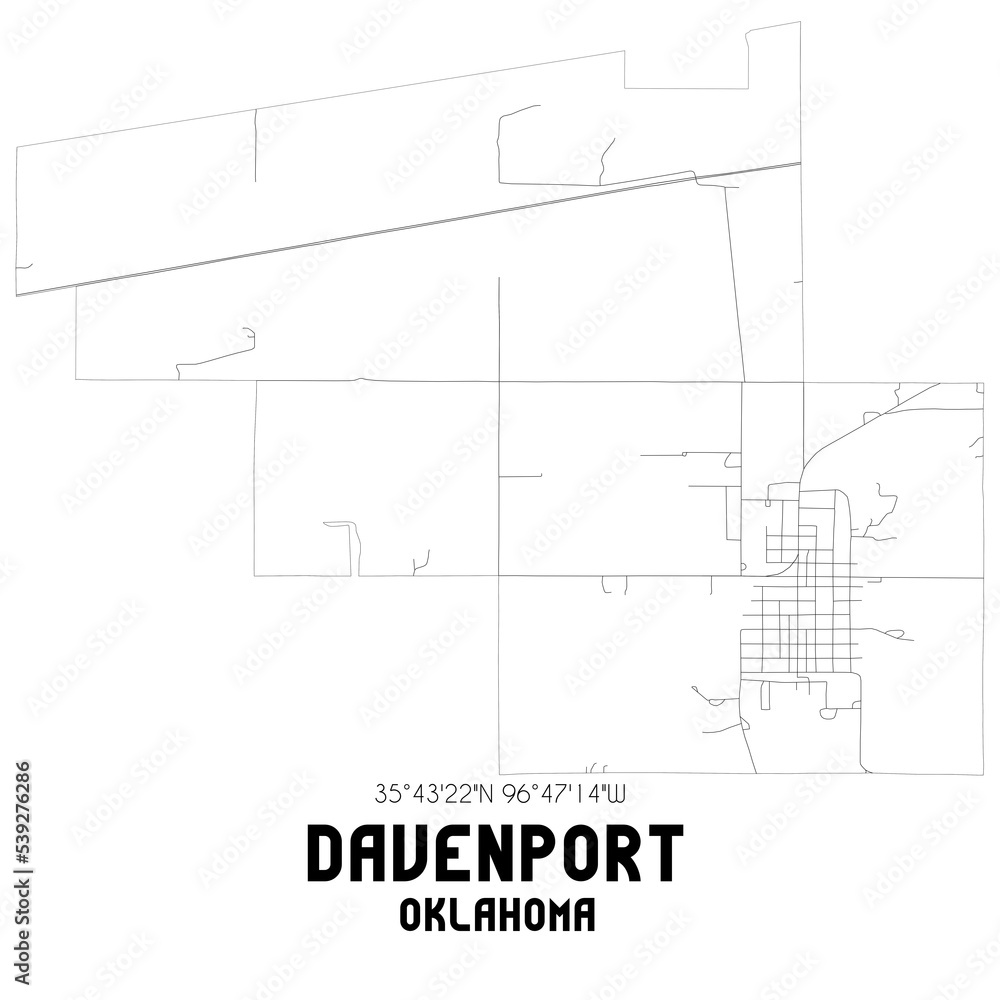 Davenport Oklahoma. US street map with black and white lines. Davenport Oklahoma. US street map with black and white lines.