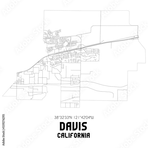 Davis California. US street map with black and white lines.