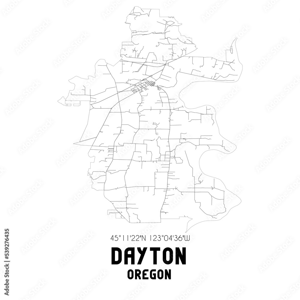 Dayton Oregon. US street map with black and white lines.