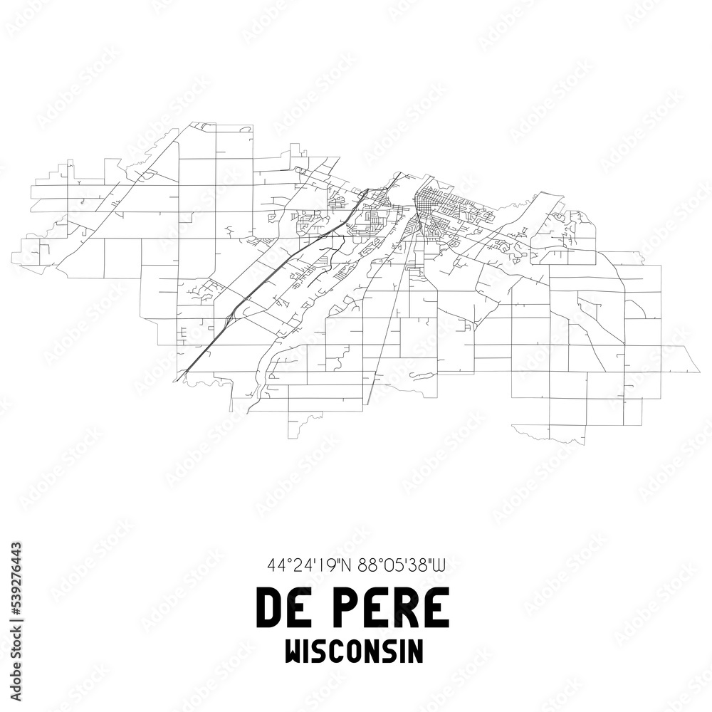 De Pere Wisconsin. US street map with black and white lines. Stock
