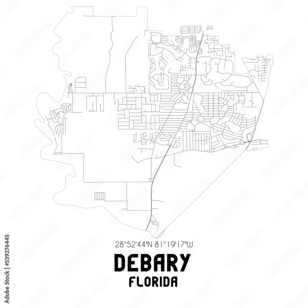 Debary Florida. US street map with black and white lines.