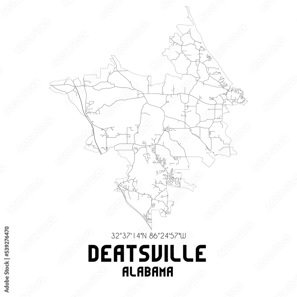 Deatsville Alabama. US street map with black and white lines.