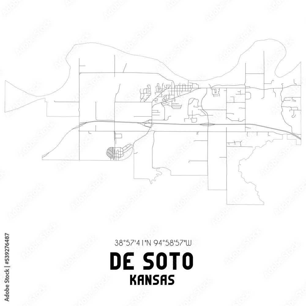 De Soto Kansas. US street map with black and white lines.