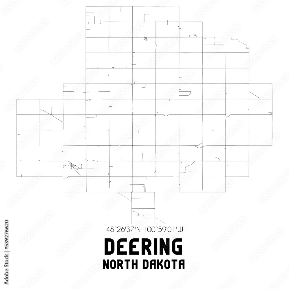 Deering North Dakota. US street map with black and white lines.