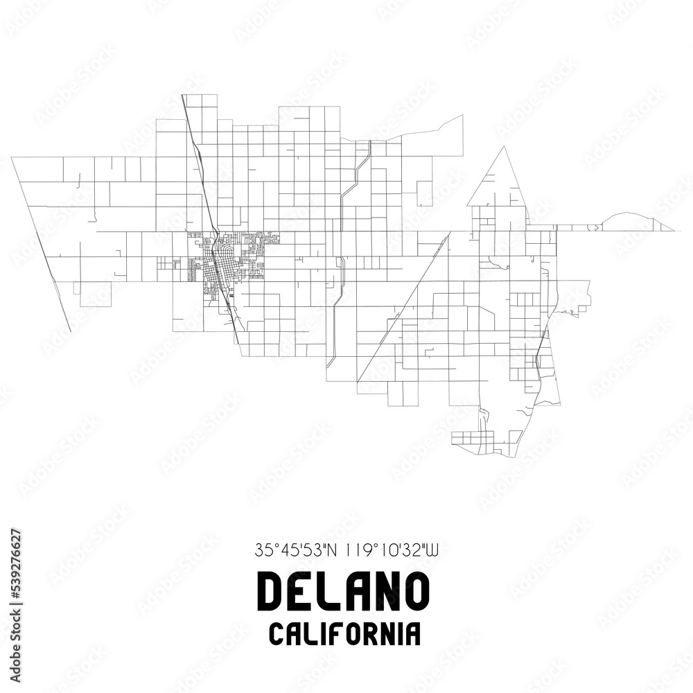 Delano California. US street map with black and white lines.