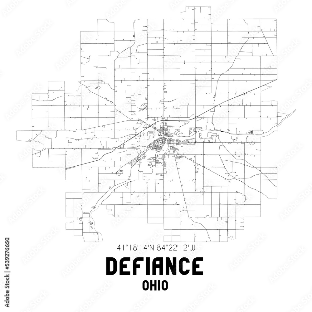 Defiance Ohio. US street map with black and white lines.