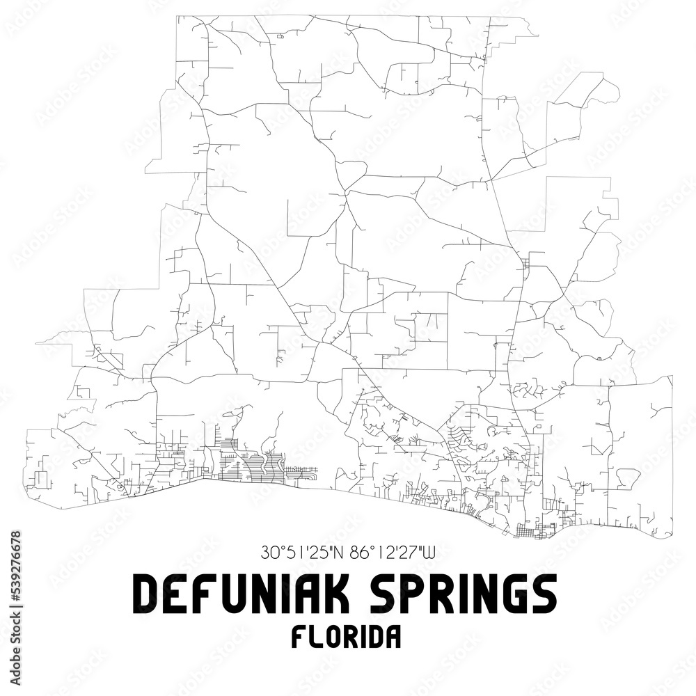 Defuniak Springs Florida. US street map with black and white lines.