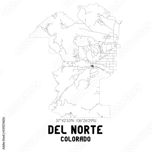 Del Norte Colorado. US street map with black and white lines.