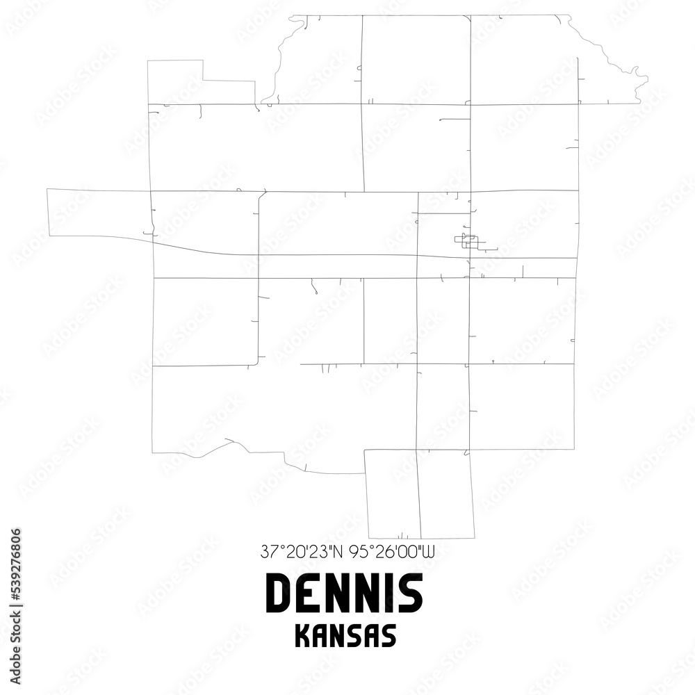 Dennis Kansas. US street map with black and white lines.
